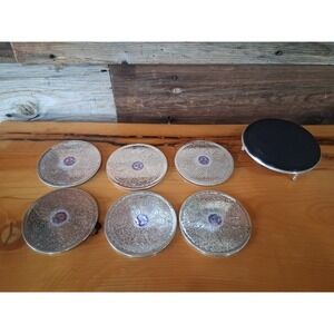 Vintage International Silver plated Etched Coasters Set Of 6 W/ Rack  w/orig Box